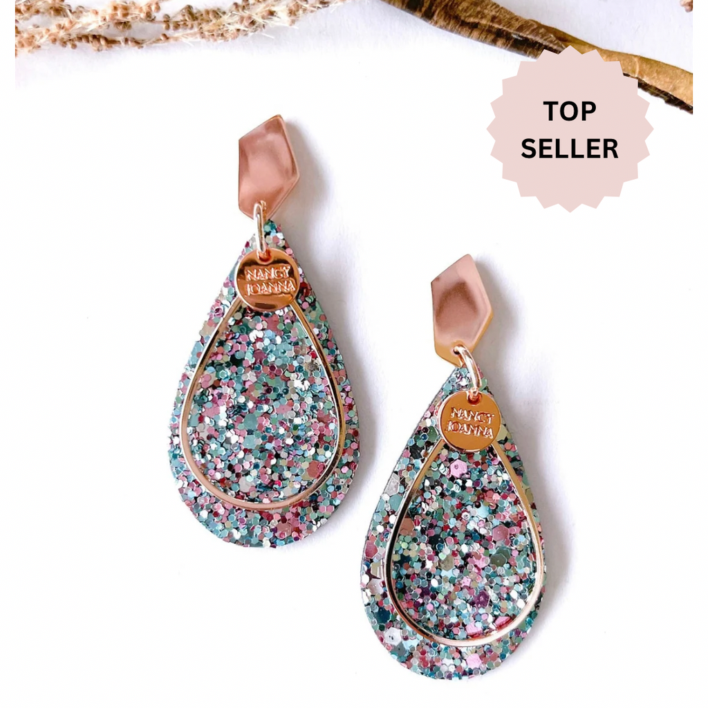 Nancy Joanna - Drop Earrings - Light Blue Sparkle - Rose Gold