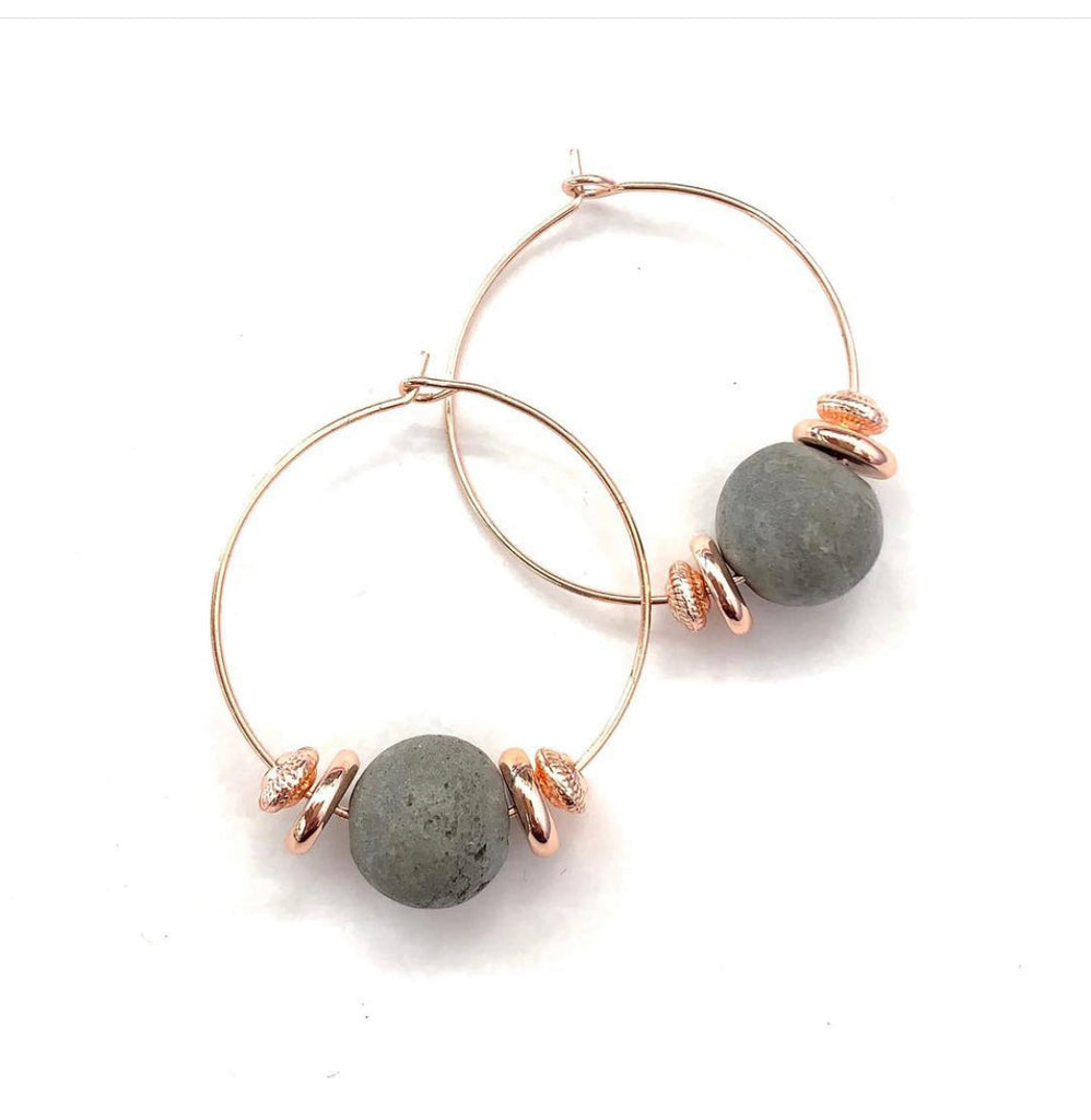 Nancy Joanna - Hoop Earrings - Hippie Hoops with Natural Grey Concrete - Silver