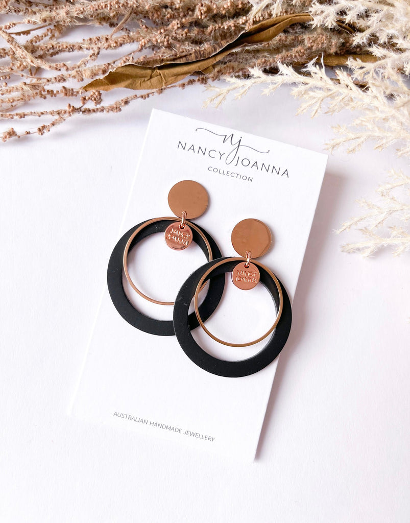 Nancy Joanna - Drop Earrings - Black Round Ring - Rose Gold