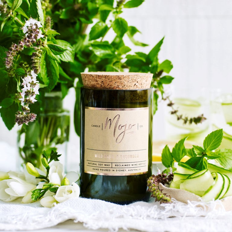 Mojo - Wild Basil & Cucumber - Reclaimed Wine Bottle Soy Wax Candles